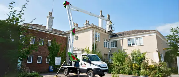 using our cherry picker on a commercial gutter cleaning job in Cheshire